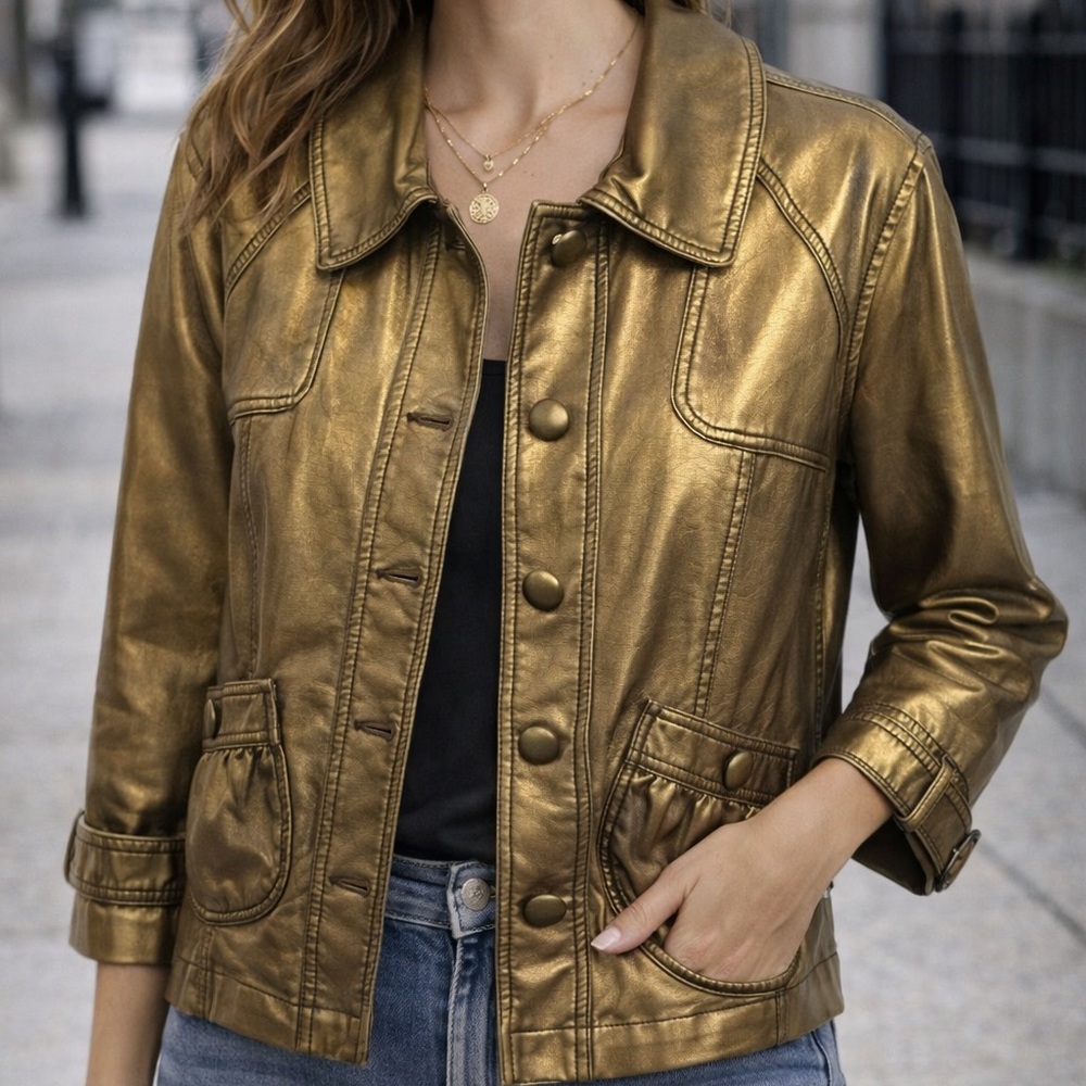 Sonoma Metallic Gold Faux Leather Festival Edgy Chic Jacket Size M 3/4